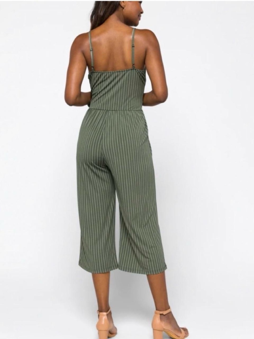 Kaileigh Olive Green Pinstripe Cropped Jumpsuit